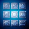 Set line Eye scan, System bug, Face recognition, Fingerprint, Mobile and face, Chain link and monitor icon. Vector Royalty Free Stock Photo