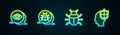 Set line Eye scan, System bug, and Head with shield. Glowing neon icon. Vector