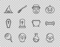 Set line Eye, Skull, Zombie mask, Witch hat, Tombstone with cross, Bottle potion and Vampire teeth icon. Vector