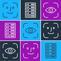 Set line Face recognition, Eye scan and Server, Data, Web Hosting icon. Vector Royalty Free Stock Photo