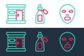 Set line Facial cosmetic mask, Sauna wooden bathhouse and Essential oil bottle icon. Vector Royalty Free Stock Photo