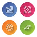Set line Factory, Many ways directional arrow, Pie chart infographic and Arrow. Color circle button. Vector