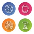 Set line Falling stars, Astronaut helmet, Solar system and Satellite dish. Color circle button. Vector