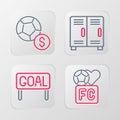 Set line Fan club football, Goal soccer, Locker or changing room and Soccer icon. Vector Royalty Free Stock Photo