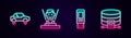 Set line Fantastic flying car, Hologram, USB flash drive and Cloud database. Glowing neon icon. Vector