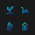 Set line Farm house, Garden sprayer for fertilizer, Plant and Lawn mower. Gradient color icons. Vector