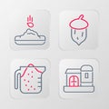 Set line Farm house, Measuring cup, Acorn, oak nut, seed and Seed icon. Vector