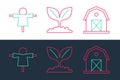 Set line Farm house, Scarecrow and Plant icon. Vector Royalty Free Stock Photo
