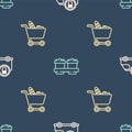 Set line Fast delivery by car, Shopping cart and food and Coffee cup to go on seamless pattern. Vector Royalty Free Stock Photo