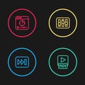 Set line Fast forward, MOV file, Sound mixer controller and Online play video icon. Vector Royalty Free Stock Photo