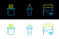 Set line Fast street food cart with awning, Magician hat and rabbit ears and Paper glass drinking straw water icon