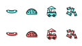 Set line Fast street food cart, Hotdog sandwich, Taco with tortilla and Candy icon. Vector Royalty Free Stock Photo