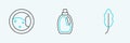 Set line Feather, Washer and Bottle for cleaning agent icon. Vector