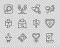 Set line Female, Feminism, gender, Condom package, Male, vote right, and Gender shield, icon. Vector Royalty Free Stock Photo