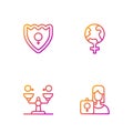 Set line Feminist activist, Gender equality, shield, Female and Feminism the world. Gradient color icons. Vector