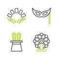 Set line Ferris wheel, Magician hat and rabbit ears, Festive mask and Hand holding playing cards icon. Vector Royalty Free Stock Photo