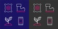 Set line Fertilizer bag, Plant, Waterproof rubber boot and Pack full seeds plant icon. Vector Royalty Free Stock Photo