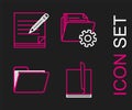Set line File document, Document folder, Folder settings with gears and Blank notebook and pencil eraser icon. Vector Royalty Free Stock Photo