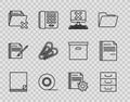 Set line File document, Drawer with documents, Computer keyboard and x mark, Scotch, Delete folder, Paper clip, Document Royalty Free Stock Photo