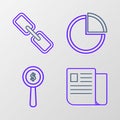 Set line File document, Magnifying glass and dollar symbol, Pie chart infographic and Chain link icon. Vector Royalty Free Stock Photo