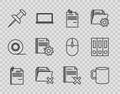 Set line File document and paper clip, Coffee cup flat, Note with pinned pushbutton, Delete folder, Push, Document