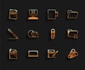 Set line File document and paper clip, Laptop, Blank notebook pen, Paper, Scotch, Delete folder and icon. Vector