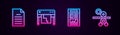 Set line File document, Plotter, News and Paper roll of printing press. Glowing neon icon. Vector