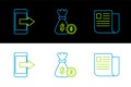 Set line File document, Smartphone, mobile phone and Money bag and coin icon. Vector