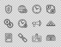 Set line File document, Stacks paper money cash, Clock, Chain link, Shield with dollar symbol, Time is, Identification