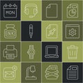 Set line File document, Trash can, Browser setting, Pencil, Inkwell, Calendar and Note paper with push button icon Royalty Free Stock Photo