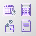 Set line File document, Wallet with coins, Calculator and Calendar icon. Vector