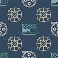 Set line Film reel, Movie spotlight and Movie clapper on seamless pattern. Vector