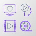 Set line Film reel, Play Video, Head people with play button and Like and heart icon. Vector