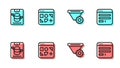 Set line Filter setting, Server, Data, Web Hosting, Different files and Browser window icon. Vector