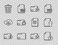 Set line Finance document folder, Unknown, Add new, Document, Trash can, with clock, and check mark and Upload file icon Royalty Free Stock Photo
