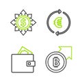 Set line Financial growth and bitcoin, Wallet with money, Coin euro symbol and Dollar, share, network icon. Vector Royalty Free Stock Photo