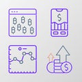 Set line Financial growth and coin, Browser with graph, Mobile stock trading and Bitcoin browser icon. Vector