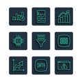 Set line Financial growth, Data analysis, Browser with exclamation mark, Binary code, Processor CPU, and icon. Vector Royalty Free Stock Photo