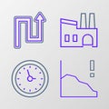 Set line Financial growth decrease, Clock, Factory and Arrow icon. Vector