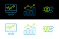 Set line Financial growth dollar, Monitor with graph chart and icon. Vector