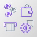 Set line Financial growth and euro, Credit card inserted, Wallet with money and Coin dollar icon. Vector Royalty Free Stock Photo