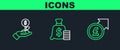 Set line Financial growth and pound, Dollar plant and Money bag icon. Vector