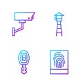 Set line Fingerprint, Car key with remote, Security camera and Watch tower. Gradient color icons. Vector Royalty Free Stock Photo