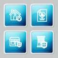 Set line Fire in burning house, Health insurance, Shopping building with shield and House icon. Vector Royalty Free Stock Photo