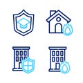 Set line Fire in burning house, House with shield, and Graduation cap icon. Vector Royalty Free Stock Photo