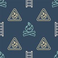 Set line Fire escape, Fire flame in triangle and Campfire on seamless pattern. Vector Royalty Free Stock Photo
