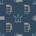 Set line Fire exit, Fire extinguisher and Flasher siren on seamless pattern. Vector Royalty Free Stock Photo
