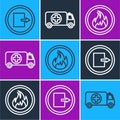 Set line Fire exit, Fire flame and Ambulance and emergency car icon. Vector Royalty Free Stock Photo