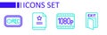 Set line Fire exit, Full HD 1080p, Scenario and Record button icon. Vector Royalty Free Stock Photo