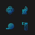 Set line Fire extinguisher, hose reel, Firefighter and burning building. Gradient color icons. Vector Royalty Free Stock Photo